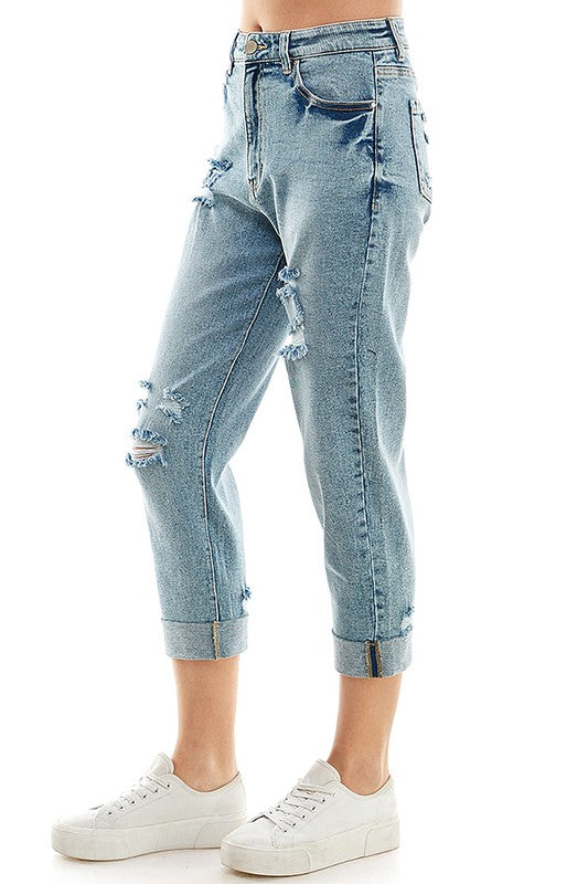 Roll Up Distressed High Rise Stretch Mom Jeans king-general-store-5710.myshopify.com