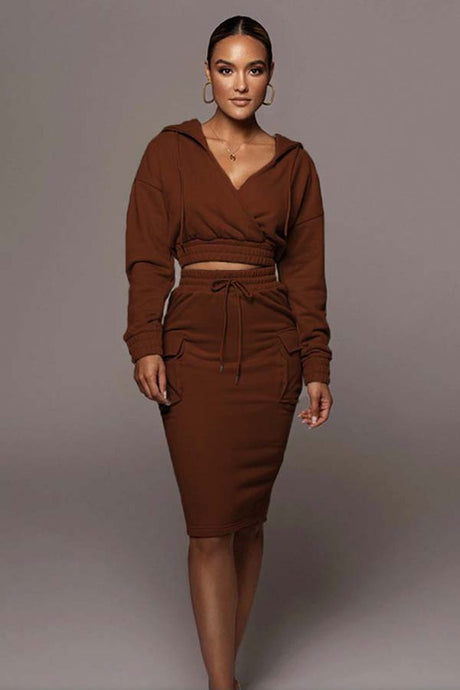 Brown Long Sleeve Hoodie Top & Midi Skirt Set
