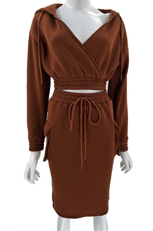 Brown Long Sleeve Hoodie Top & Midi Skirt Set