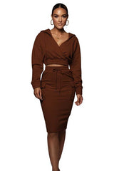 Brown Long Sleeve Hoodie Top & Midi Skirt Set