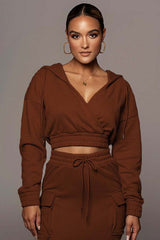 Brown Long Sleeve Hoodie Top & Midi Skirt Set