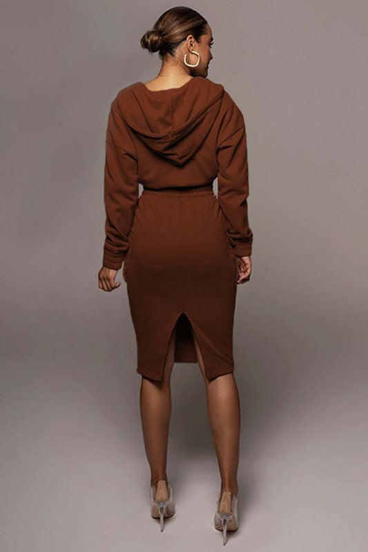 Brown Long Sleeve Hoodie Top & Midi Skirt Set