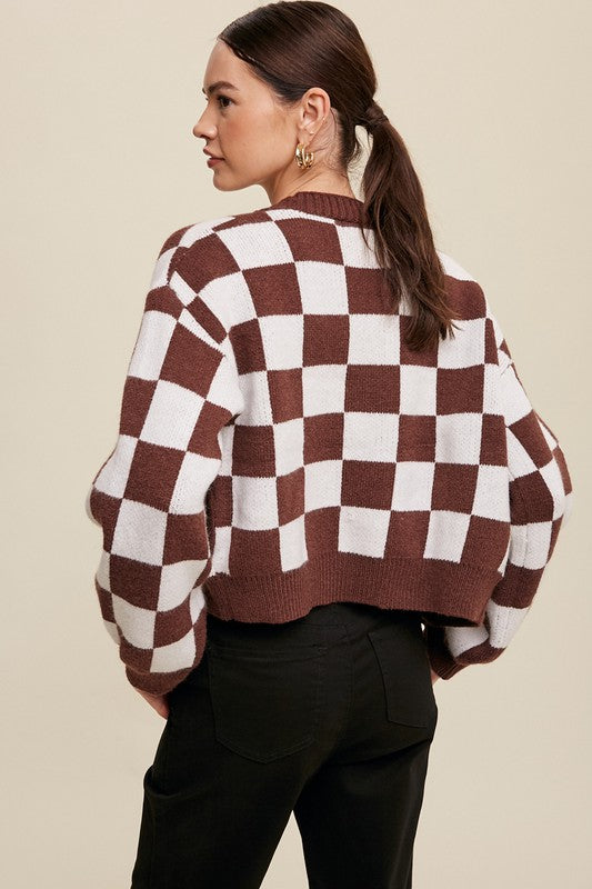 Bold Gingham Sweater Weaved Crop Cardigan king-general-store-5710.myshopify.com