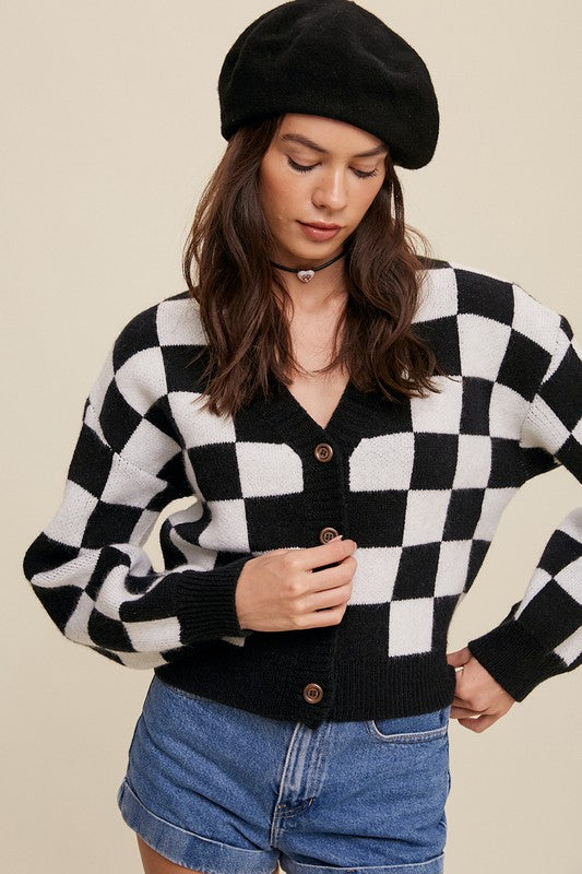 Bold Gingham Sweater Weaved Crop Cardigan king-general-store-5710.myshopify.com