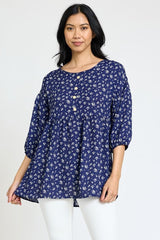 Lightweight Button Accent Ditsy Floral Tunic Top