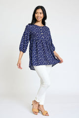 Lightweight Button Accent Ditsy Floral Tunic Top