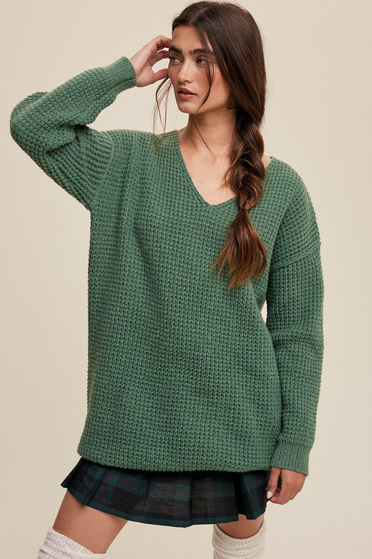 Slouchy V-neck Ribbed Knit Sweater king-general-store-5710.myshopify.com