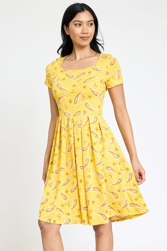 Paisley Short Sleeve Pleated Midi Dress