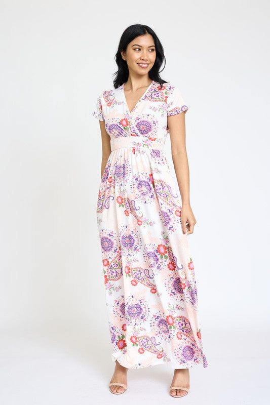 Spring Pattern Surplice Maxi Dress