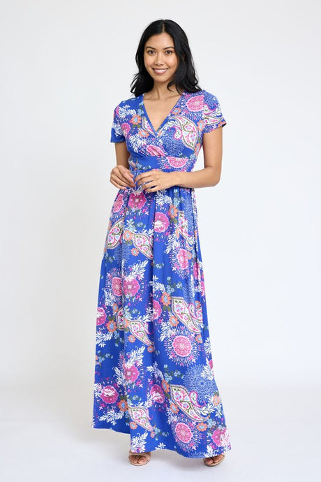 Spring Pattern Surplice Maxi Dress