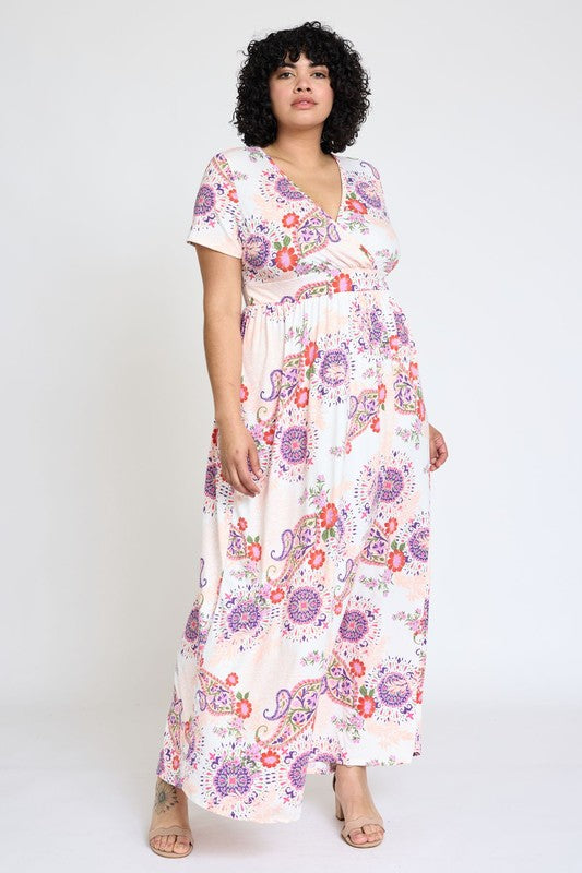 Plus Spring Pattern Surplice Maxi Dress