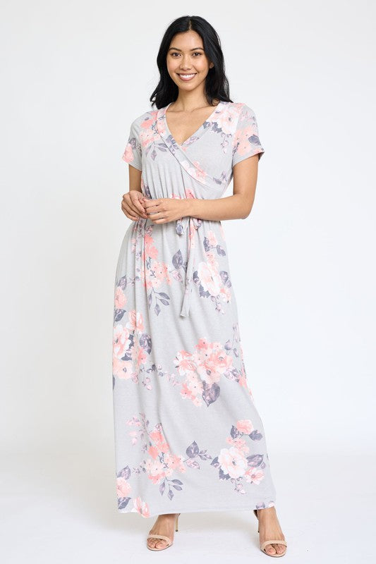 Floral Surplice Bodice Sash Maxi Dress