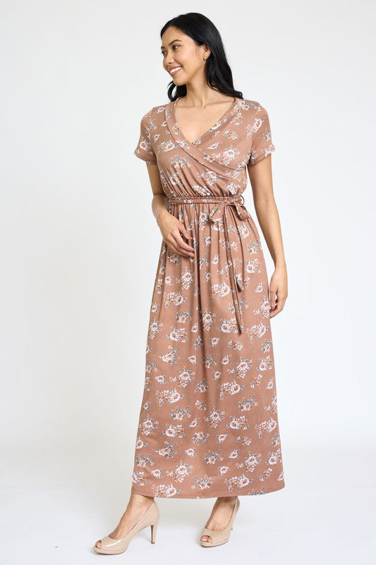 Floral Surplice Bodice Sash Maxi Dress