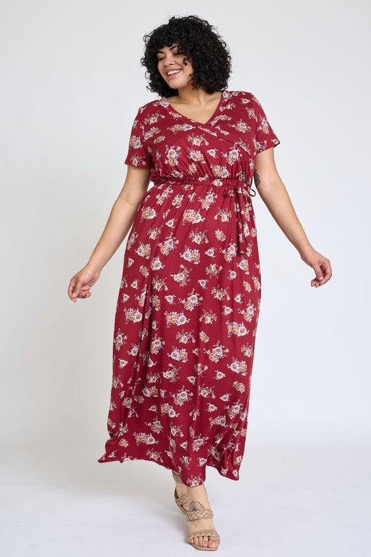 Floral Surplice Bodice Sash Maxi Dress