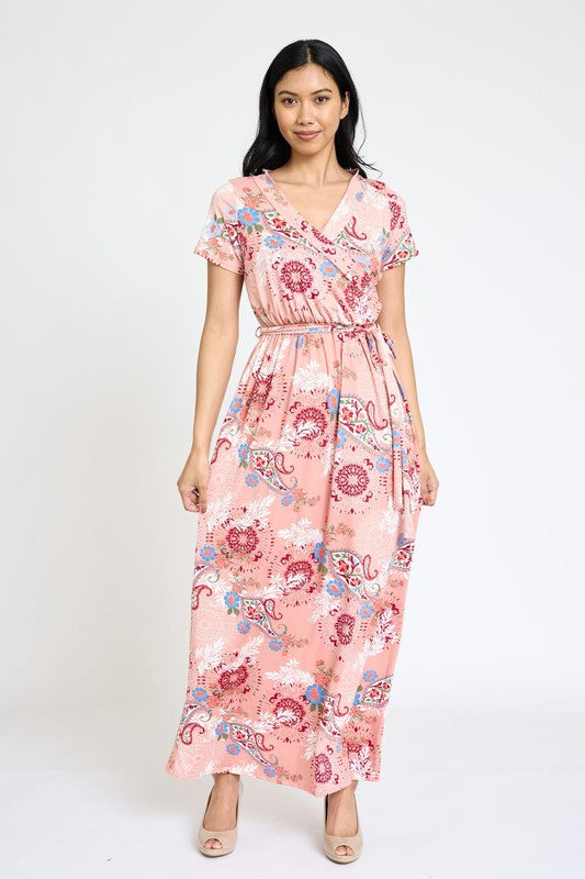 Floral Surplice Bodice Sash Maxi Dress