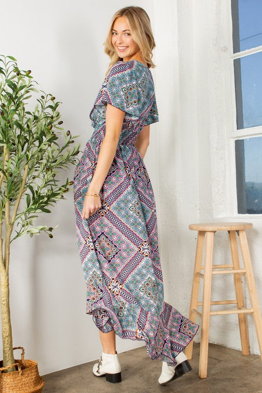 Tribal Maxi Wrap Dress with Waist Smocking