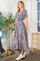 Tribal Maxi Wrap Dress with Waist Smocking