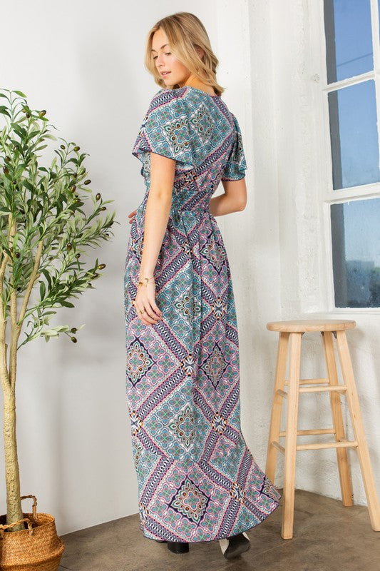 Tribal Maxi Wrap Dress with Waist Smocking