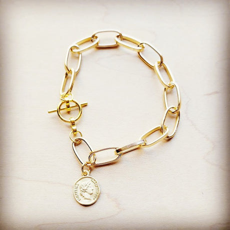 Gold Link Bracelet with Matte Gold Coin Dangle king-general-store-5710.myshopify.com