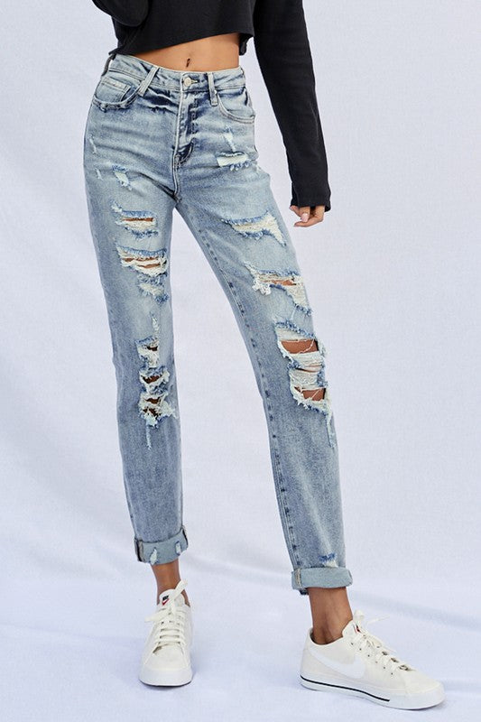 Stretched High Rise Girlfriend Jeans