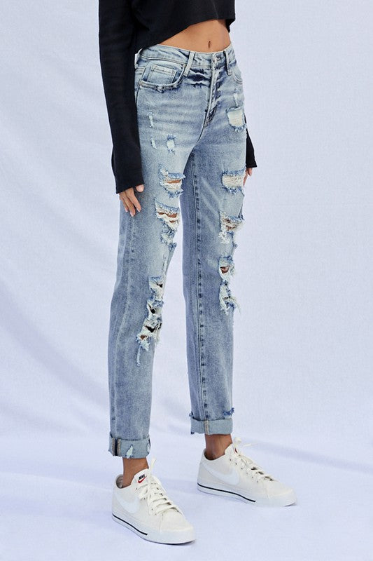 Stretched High Rise Girlfriend Jeans