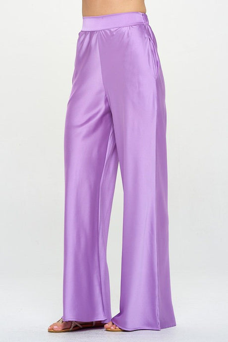 Stretch Satin Pants with Elastic Waist and Pockets