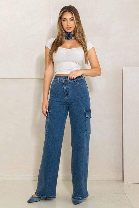 High Rise Crossed Waist Cargo Wide Jeans king-general-store-5710.myshopify.com
