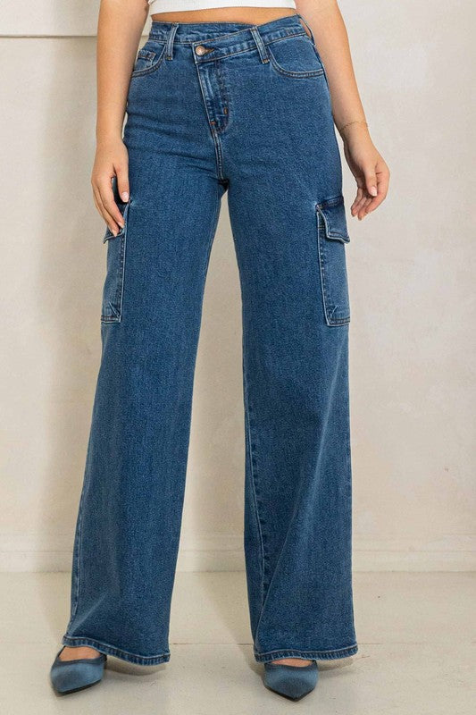 High Rise Crossed Waist Cargo Wide Jeans king-general-store-5710.myshopify.com