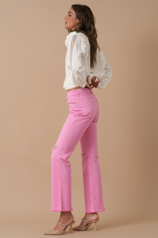 High Rise Slim Straight Washed Pink Jeans