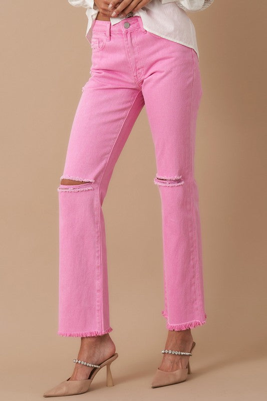 High Rise Slim Straight Washed Pink Jeans