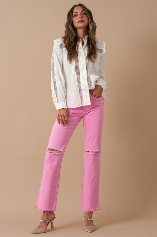 High Rise Slim Straight Washed Pink Jeans