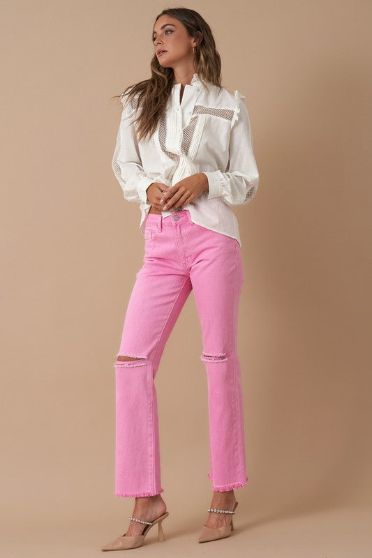 High Rise Slim Straight Washed Pink Jeans