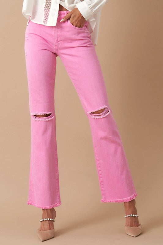 High Rise Slim Straight Washed Pink Jeans