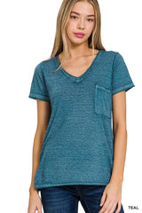 Washed Melange Burnout Scoop V-Neck Top