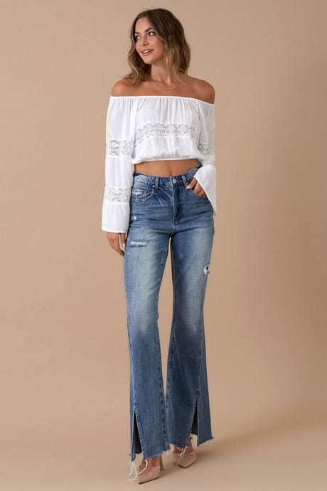 Medium Wash High Rise Slit Flare Denim Jeans