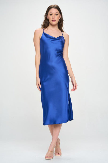 Royal Blue Satin Bias Slip Dress with Slit