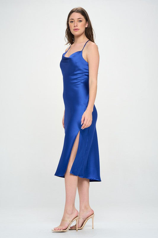 Royal Blue Satin Bias Slip Dress with Slit