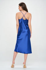 Royal Blue Satin Bias Slip Dress with Slit