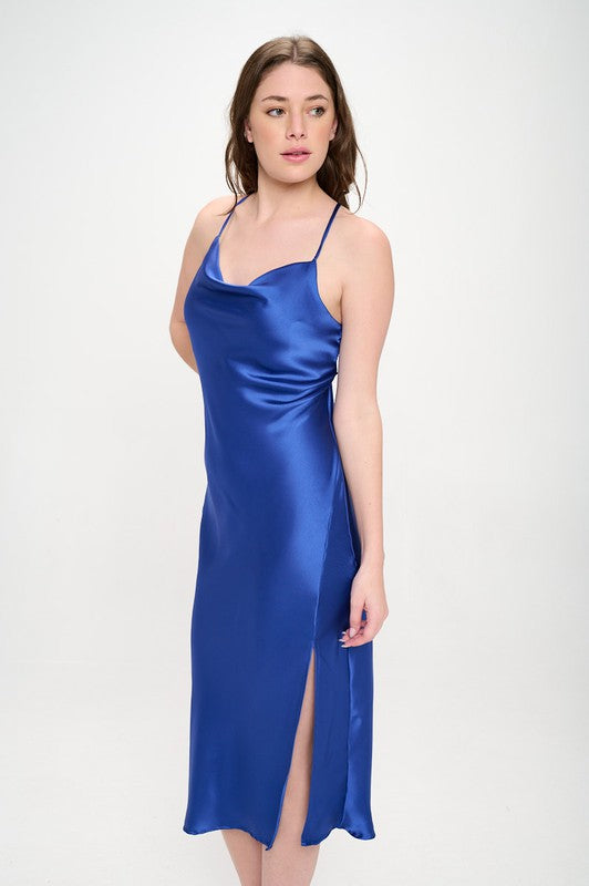 Royal Blue Satin Bias Slip Dress with Slit