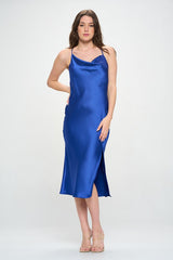 Royal Blue Satin Bias Slip Dress with Slit