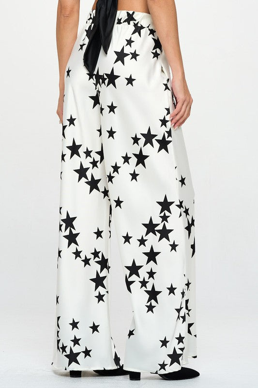 Silky Satin Star Print Pants with Side Pocket