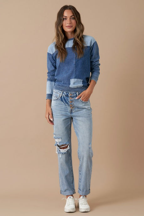 Button Fly Rolled Up Boyfriend Jeans