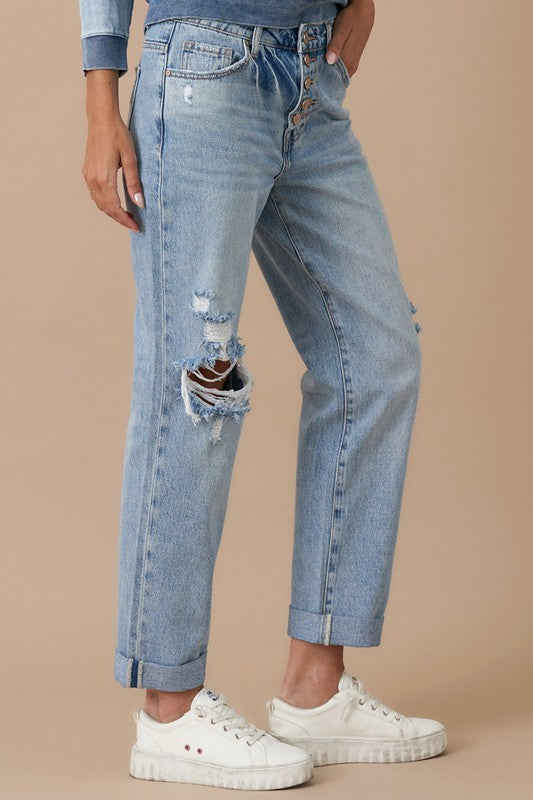 Button Fly Rolled Up Boyfriend Jeans