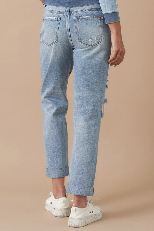 Button Fly Rolled Up Boyfriend Jeans