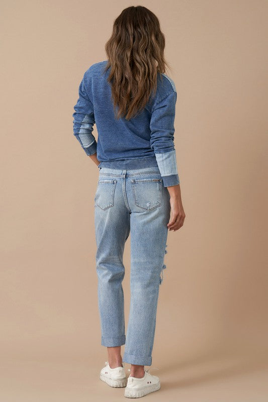 Button Fly Rolled Up Boyfriend Jeans