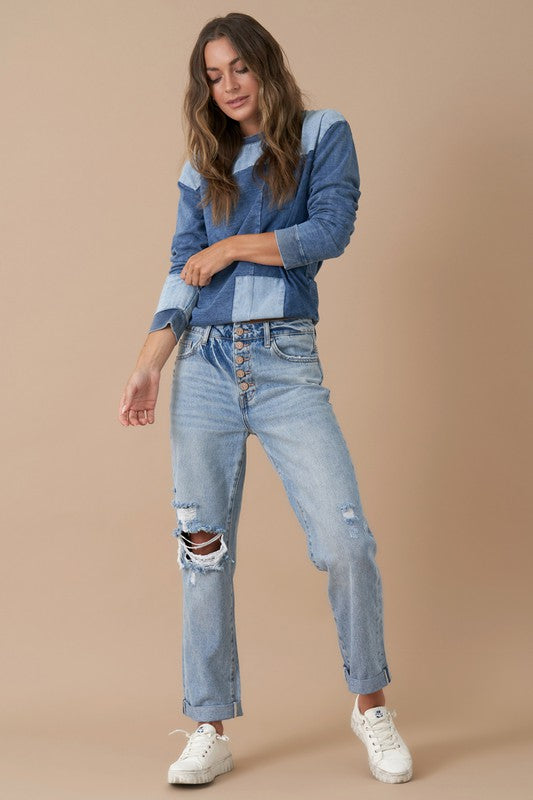 Button Fly Rolled Up Boyfriend Jeans