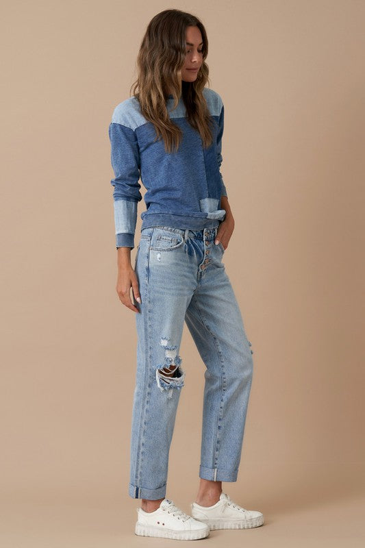 Button Fly Rolled Up Boyfriend Jeans