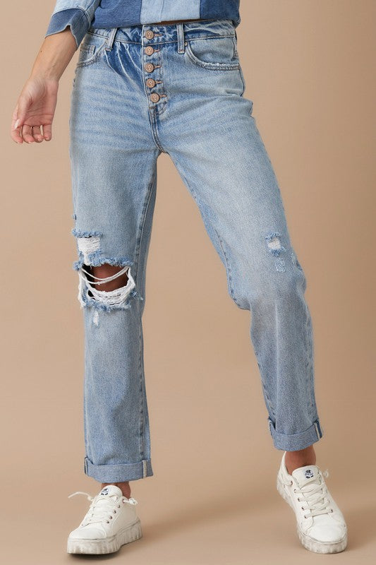 Button Fly Rolled Up Boyfriend Jeans