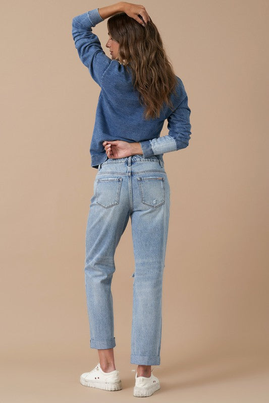 Button Fly Rolled Up Boyfriend Jeans