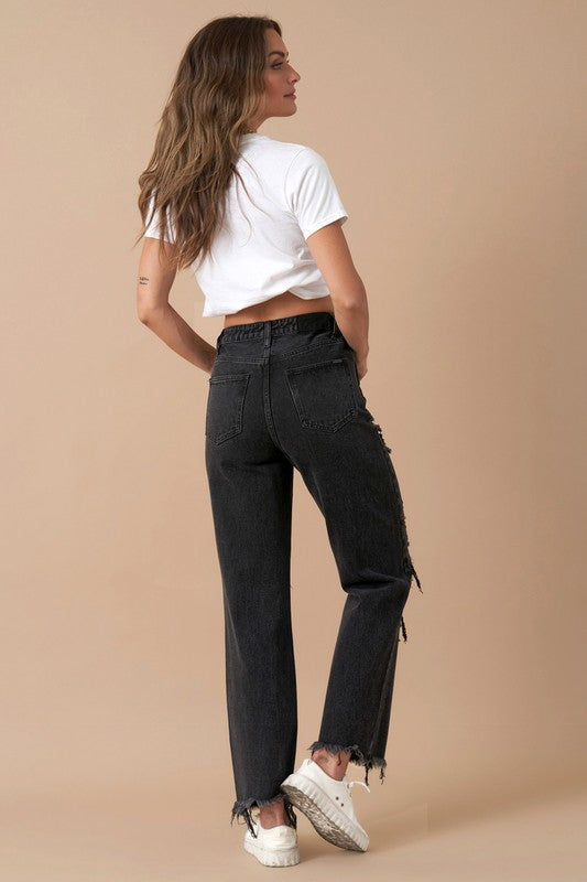 Flipped Waistband Black Wash Denim Jeans